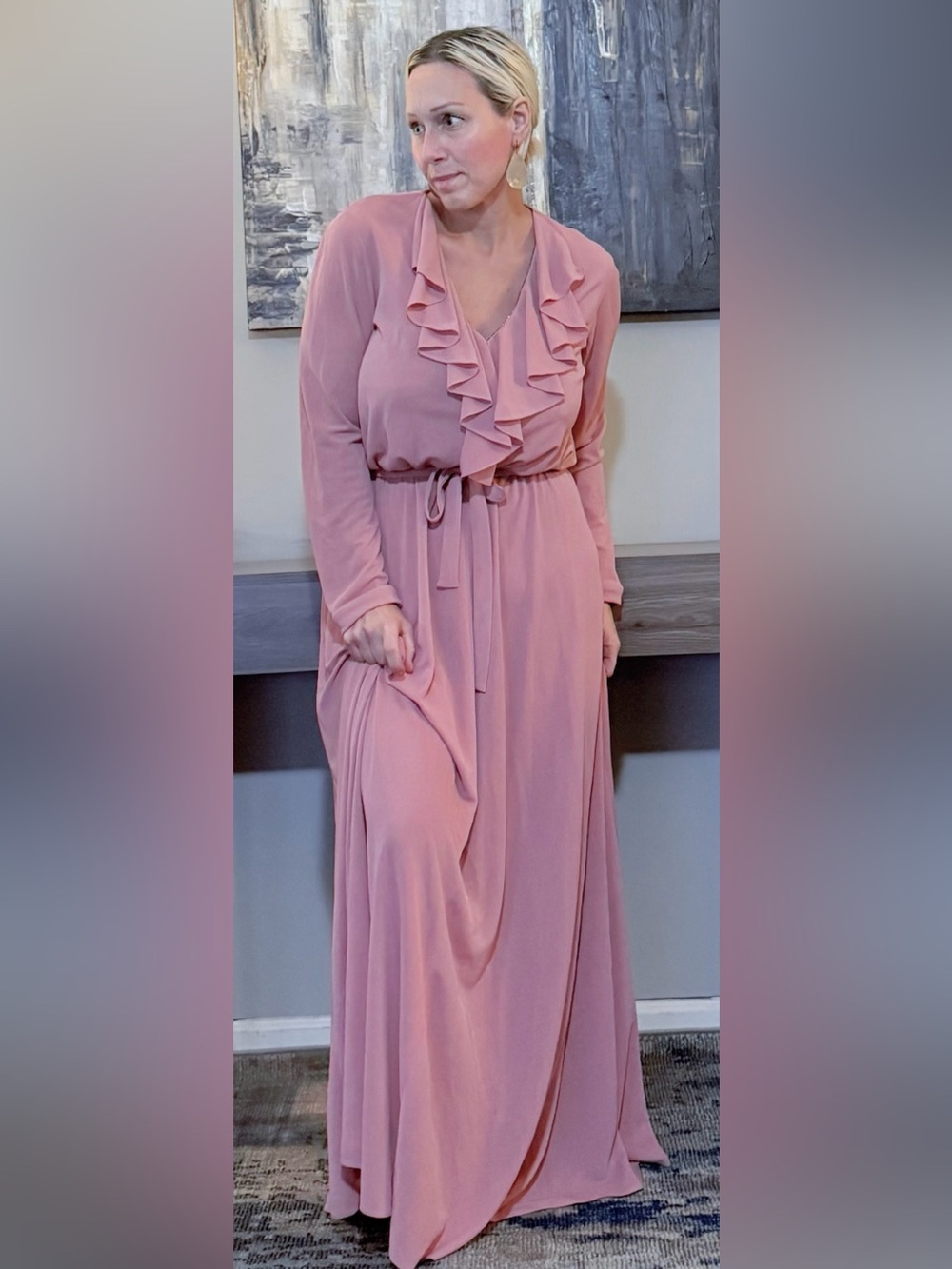 Vintage 70s ILGWU Ruffle Maxi Dress Cape Back Draped Chiffon Dusty Pink Form 14